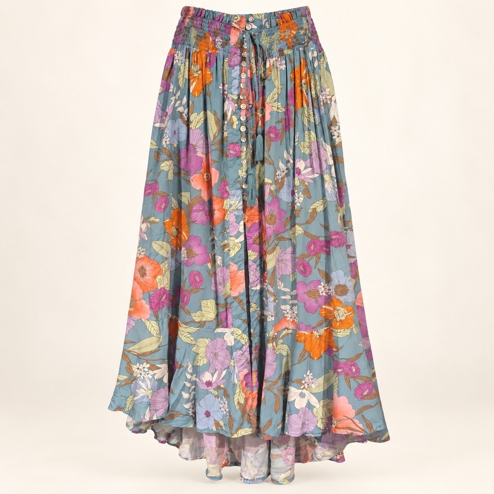 Rachel Rachel Roy Maxi Skirt Large Teal Floral Boho Smocked Tassel Button Front
